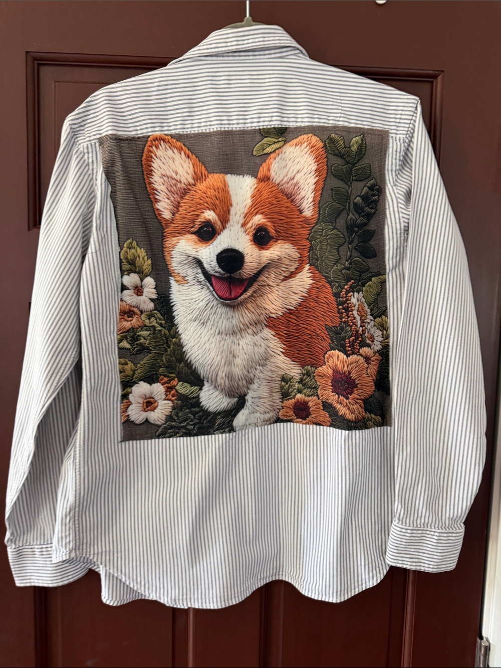 Upcyled Old Navy Corgi Blue and White Striped Shirt.
